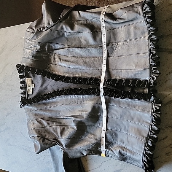 ST. JOHN COLLECTION BY MARIE GRAY Leather Jacket with Satin Ruffled Edges Sz 14 - Picture 16 of 16